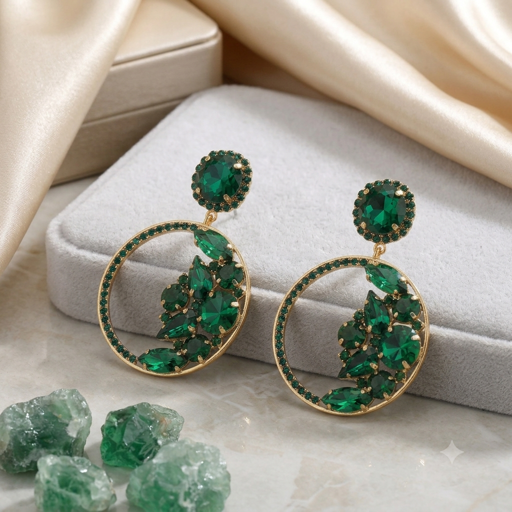 Emerald crescent hoops